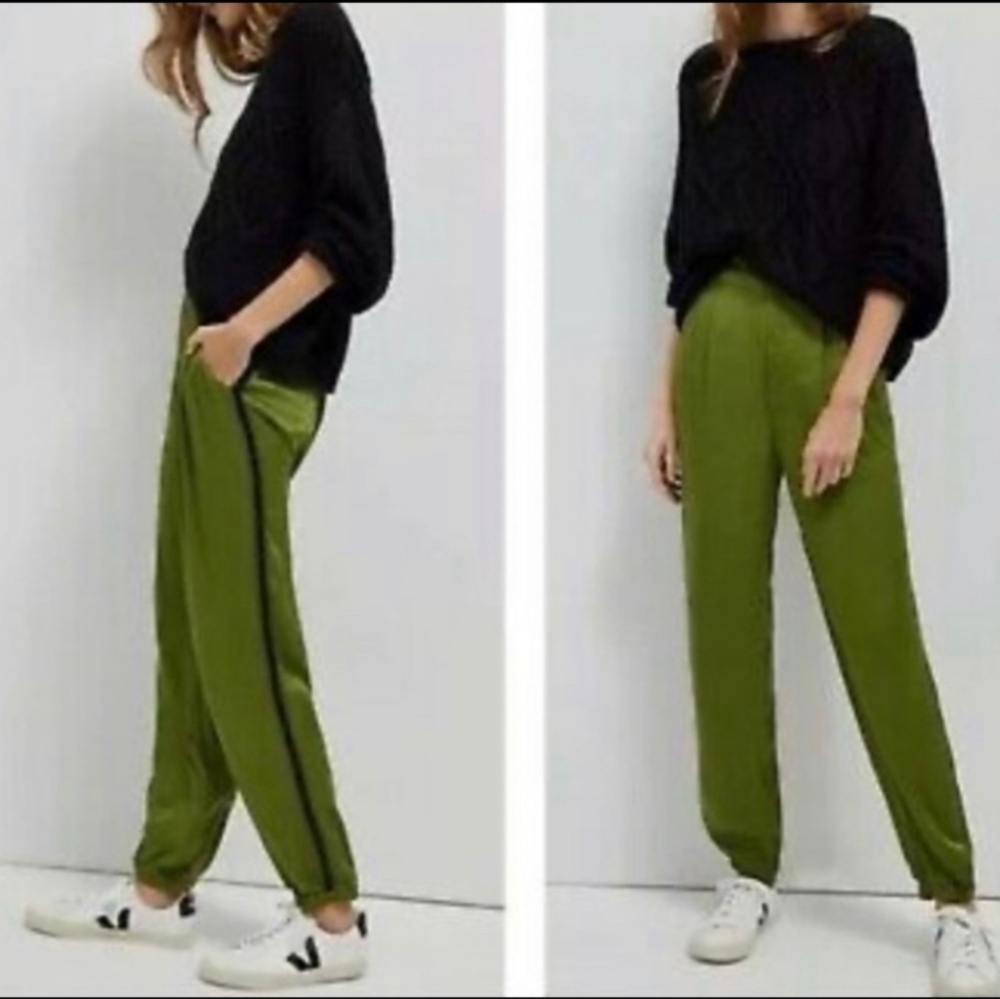 Anthropologie Diandra Pleated Green Satin Joggers Pants Dressy Party Size 14